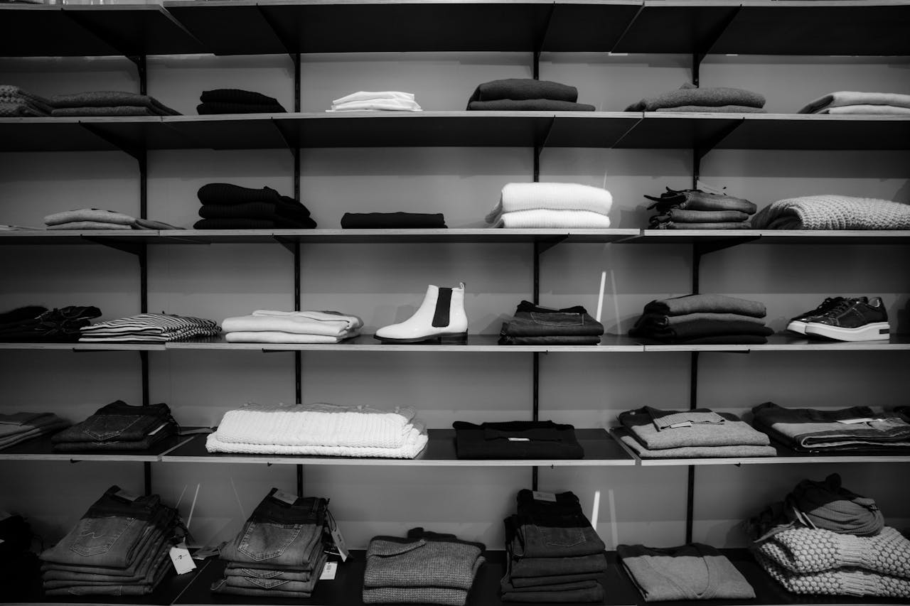 Menus Neatly folded clothing and shoes displayed on shelves in a boutique setting.